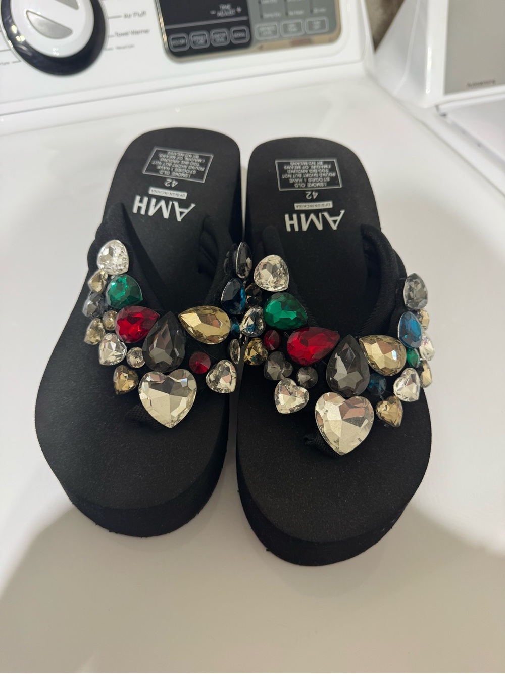 AMH Black Jeweled Platform Flip Flops
